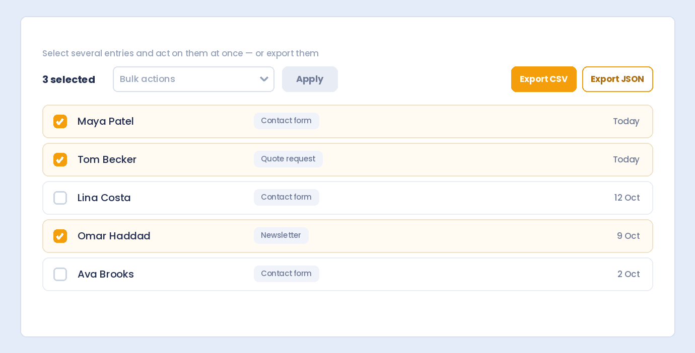 Three form submissions selected in WordPress with bulk actions to mark read, star, move to spam or trash, and export to CSV or JSON