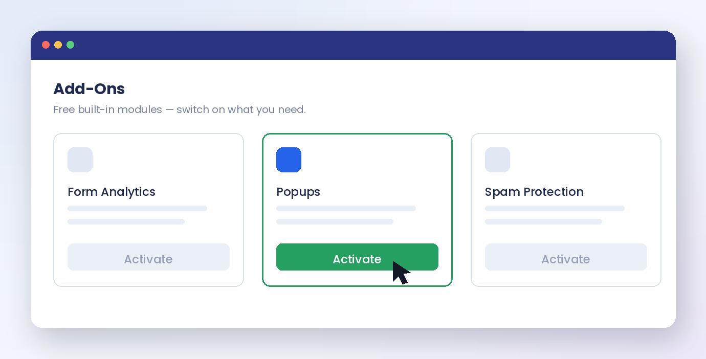 The Popups module being activated on the Auto Form Builder Add-Ons screen