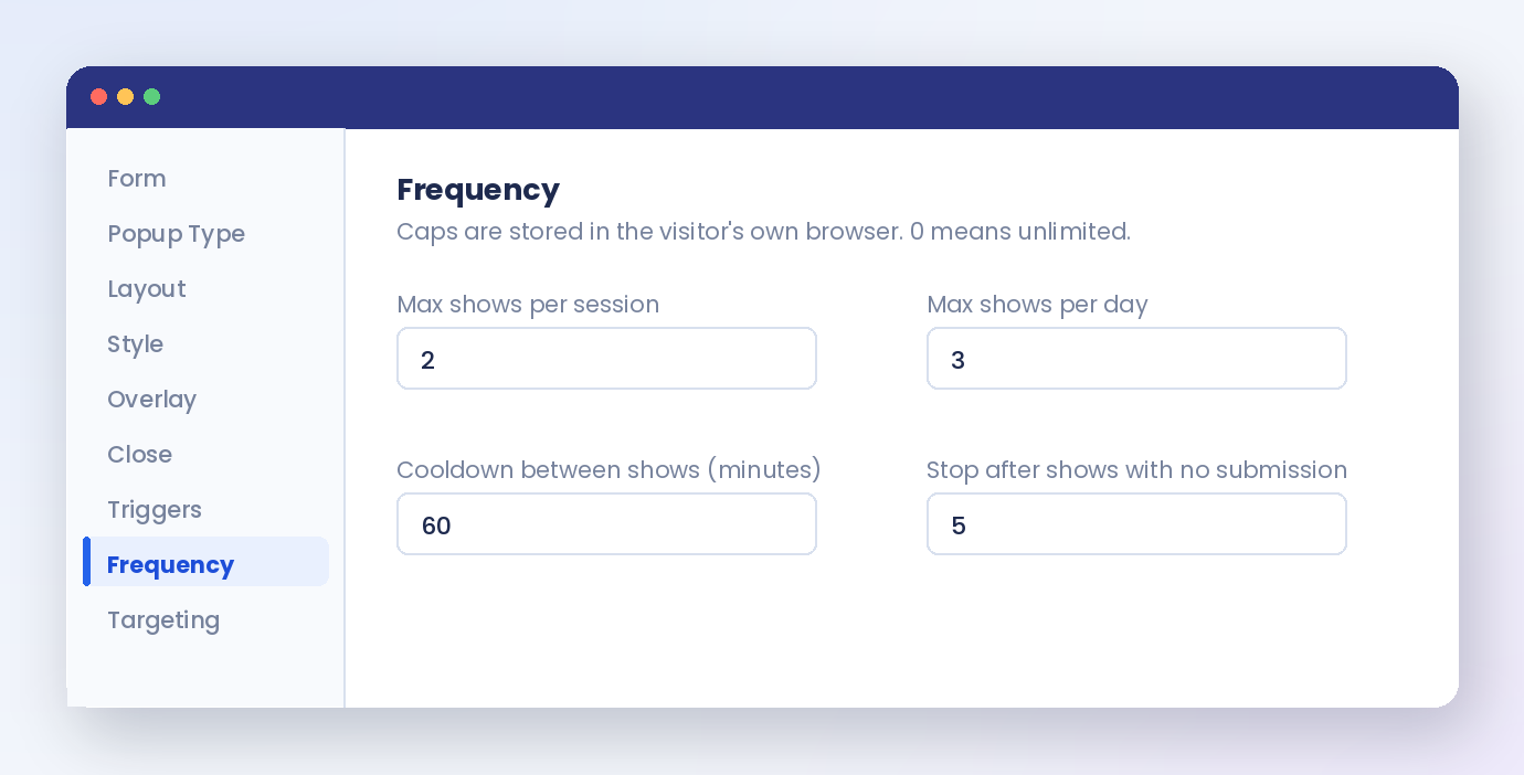 Frequency caps limiting how often a WordPress popup form is shown