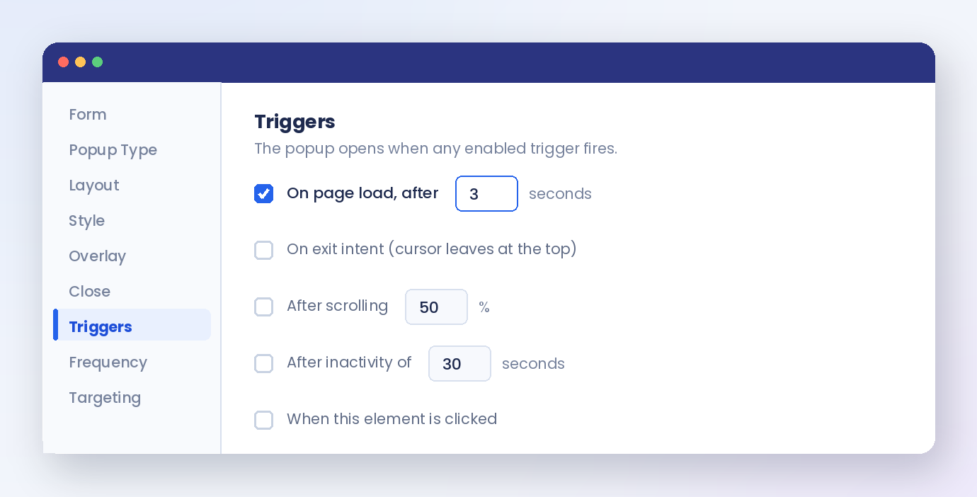 Trigger settings for a WordPress popup form, set to open three seconds after page load
