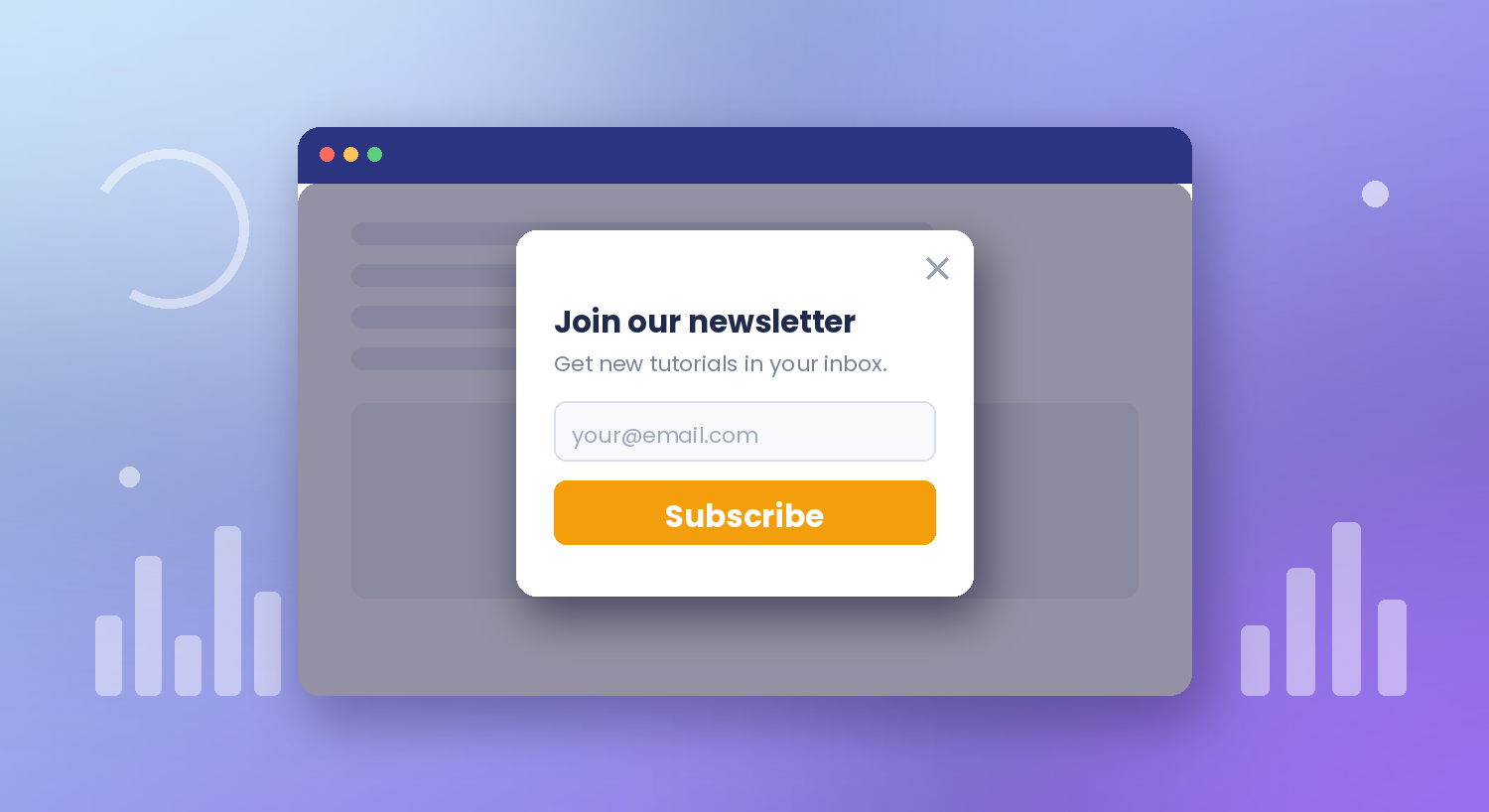 A newsletter popup form opening over a dimmed WordPress page