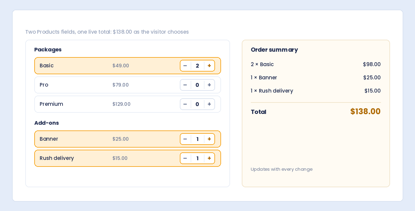 Two Products fields, Packages and Add-ons, with a live order summary and one combined total