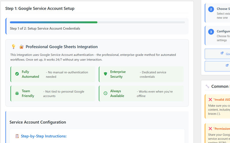 Google Sheets Integration Addon enable forms panel showing per-form ON/OFF toggles for syncing