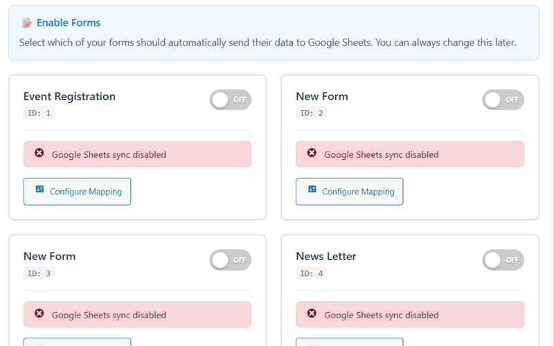 Google Sheets Integration Addon configuration screen showing sync mode, data format, and column setup options