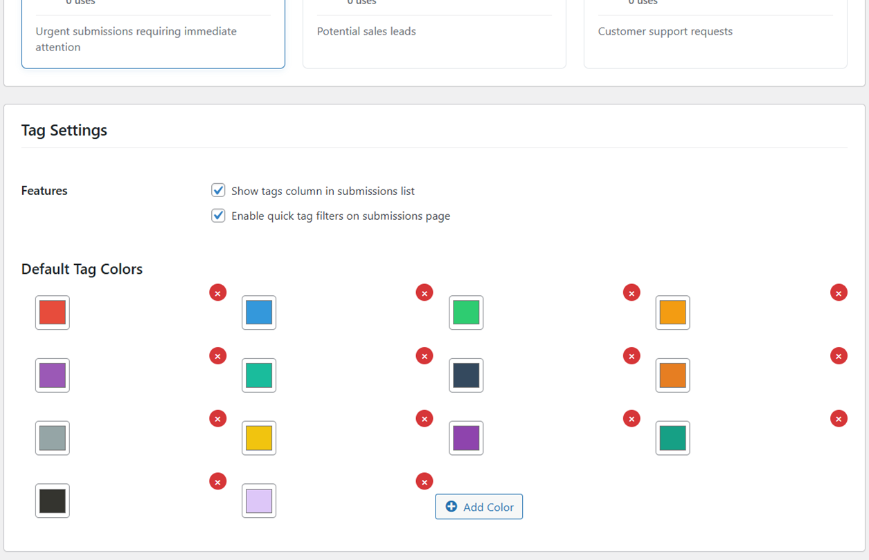 Entry Tags Addon settings panel showing default colors and feature toggles in Auto Form Builder
